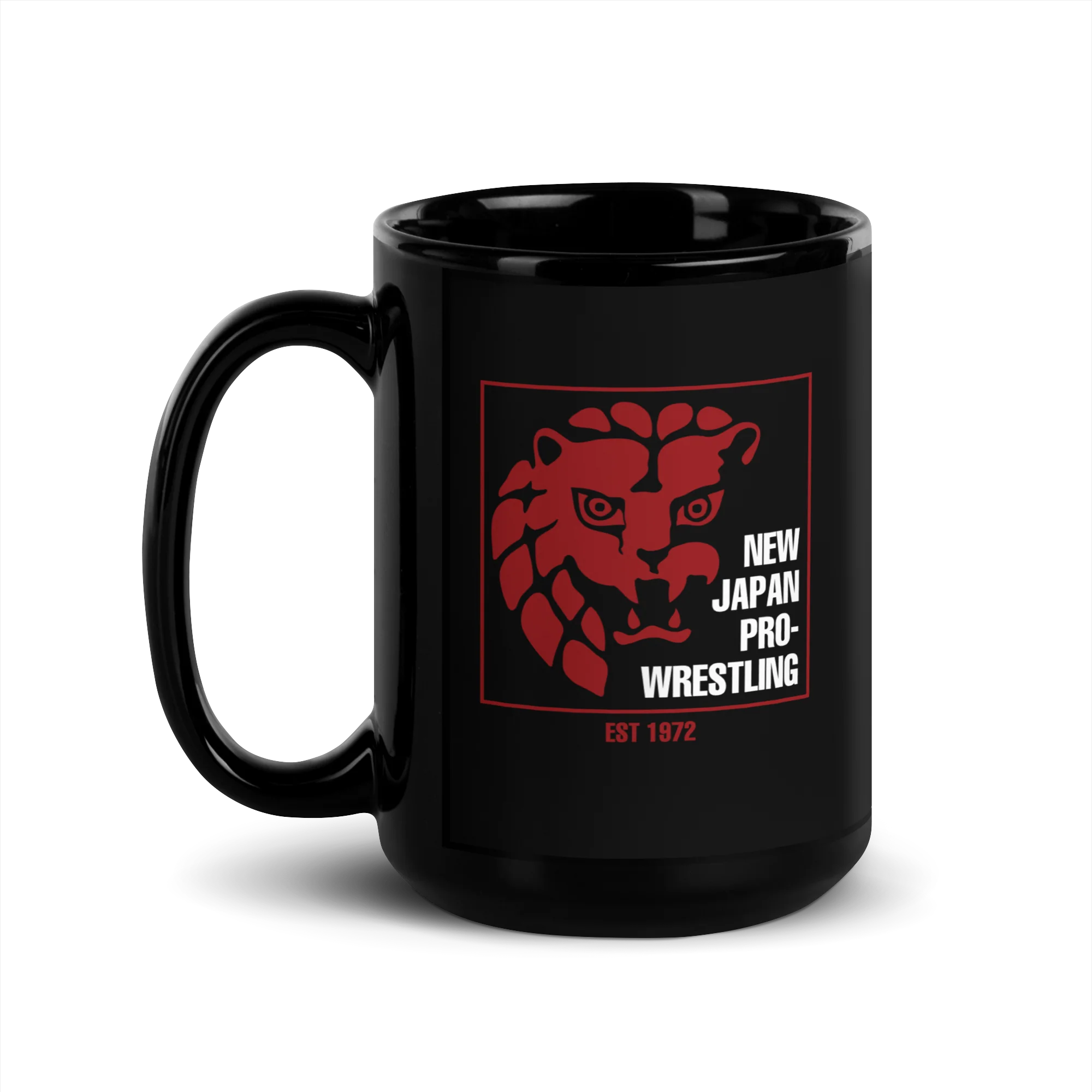 Lion Mark Red Square Logo Black Glossy Mug - Image 3